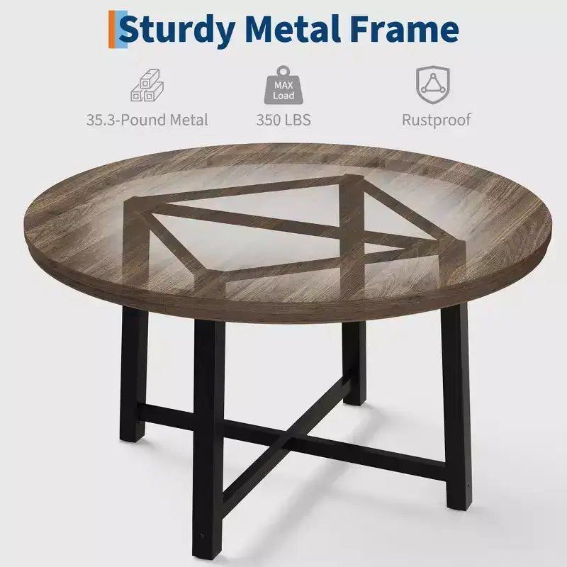 Table à manger ronde industrielle de 47 pouces pour 4-6 personnes, table de cuisine peu encombrante en bois avec cadre en métal, table à manger moderne rustique, sans chaises
