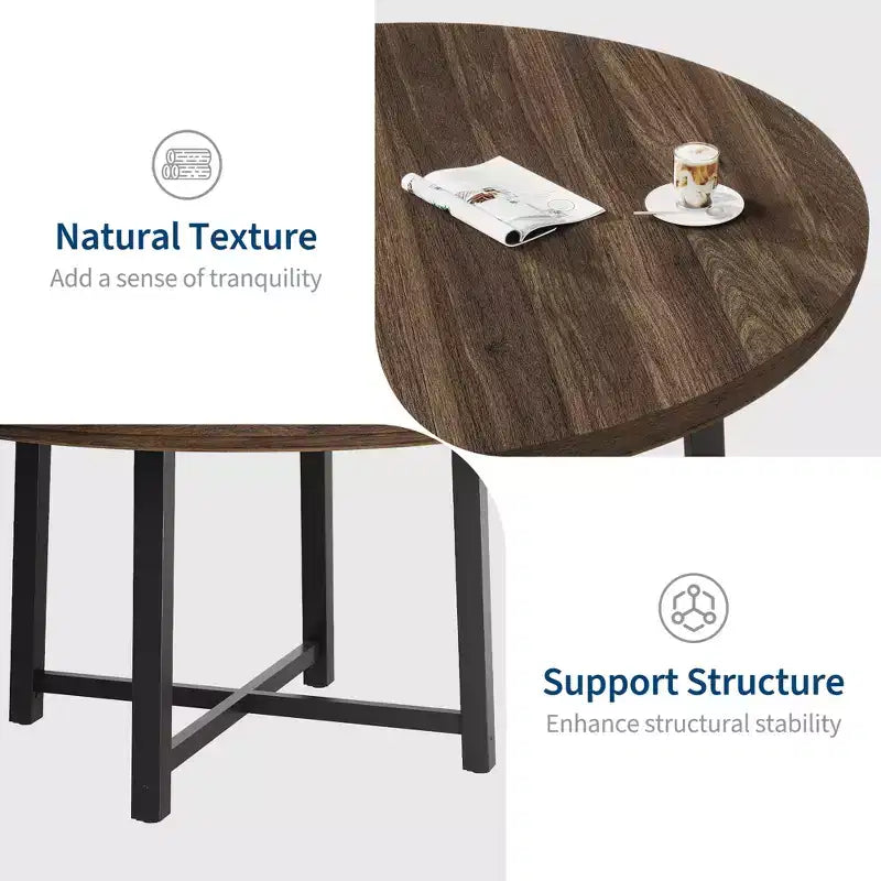 Table à manger ronde industrielle de 47 pouces pour 4-6 personnes, table de cuisine peu encombrante en bois avec cadre en métal, table à manger moderne rustique, sans chaises