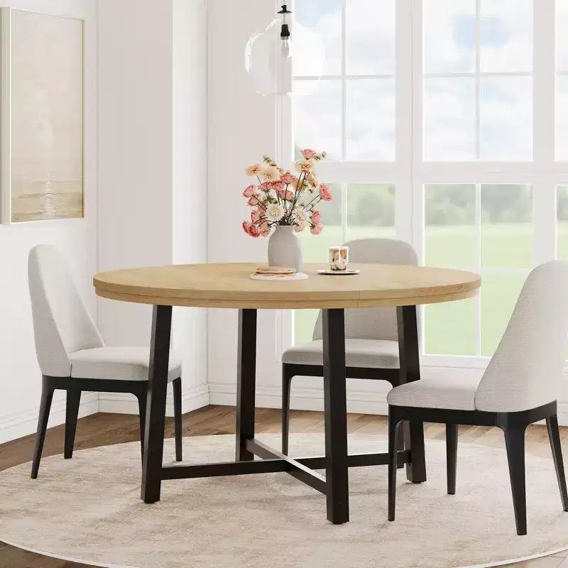Table à manger ronde industrielle de 47 pouces pour 4-6 personnes, table de cuisine peu encombrante en bois avec cadre en métal, table à manger moderne rustique, sans chaises