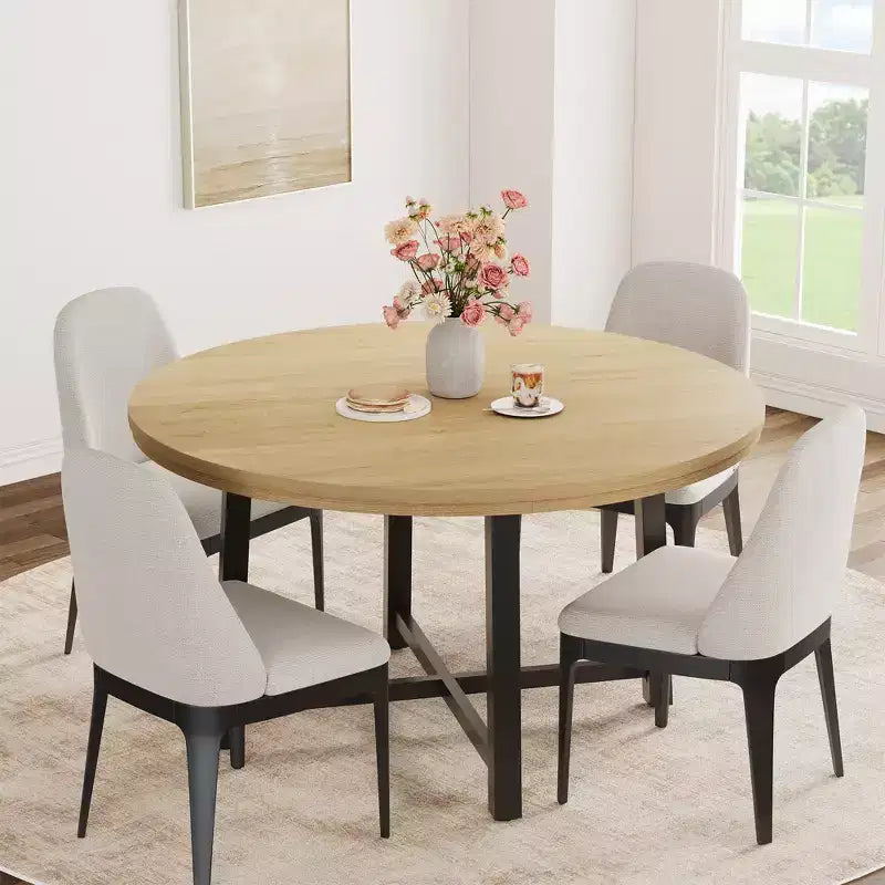 Table à manger ronde industrielle de 47 pouces pour 4-6 personnes, table de cuisine peu encombrante en bois avec cadre en métal, table à manger moderne rustique, sans chaises