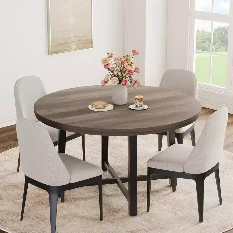 Table à manger ronde industrielle de 47 pouces pour 4-6 personnes, table de cuisine peu encombrante en bois avec cadre en métal, table à manger moderne rustique, sans chaises