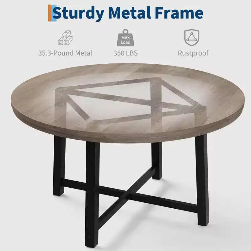 Table à manger ronde industrielle de 47 pouces pour 4-6 personnes, table de cuisine peu encombrante en bois avec cadre en métal, table à manger moderne rustique, sans chaises