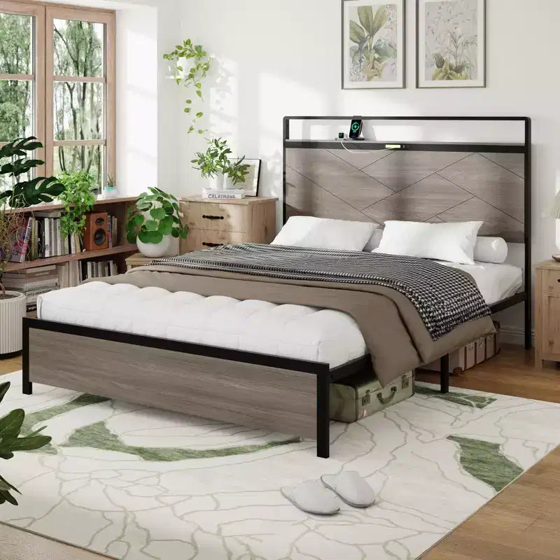 Full/Queen/King Size Platform Bed with LED Storage Headboard, Wooden Platform Bed Frame with 2 USB, Large Underbed Storage, Antique Grey