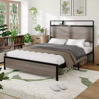 Full/Queen/King Size Platform Bed with LED Storage Headboard, Wooden Platform Bed Frame with 2 USB, Large Underbed Storage, Antique Grey