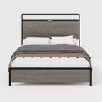 Lit plateforme double/queen/king size avec tête de lit de rangement à LED, cadre de lit plateforme en bois avec 2 ports USB, grand rangement sous le lit, gris antique