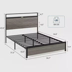 Lit plateforme double/queen/king size avec tête de lit de rangement à LED, cadre de lit plateforme en bois avec 2 ports USB, grand rangement sous le lit, gris antique