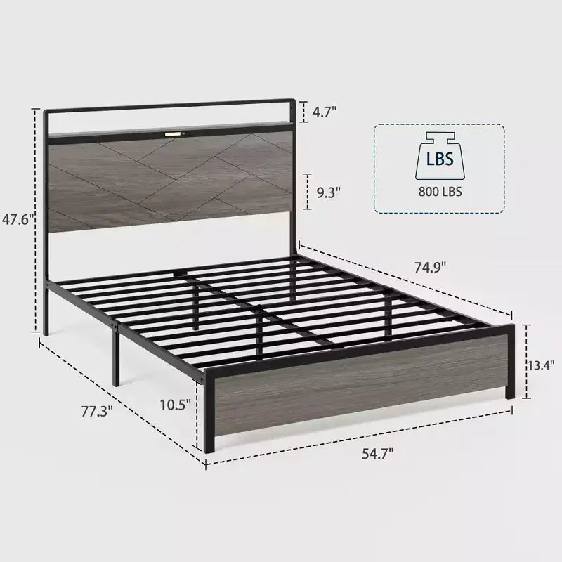 Lit plateforme double/queen/king size avec tête de lit de rangement à LED, cadre de lit plateforme en bois avec 2 ports USB, grand rangement sous le lit, gris antique