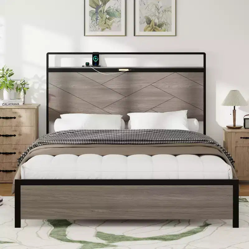 Lit plateforme double/queen/king size avec tête de lit de rangement à LED, cadre de lit plateforme en bois avec 2 ports USB, grand rangement sous le lit, gris antique