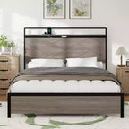 Lit plateforme double/queen/king size avec tête de lit de rangement à LED, cadre de lit plateforme en bois avec 2 ports USB, grand rangement sous le lit, gris antique