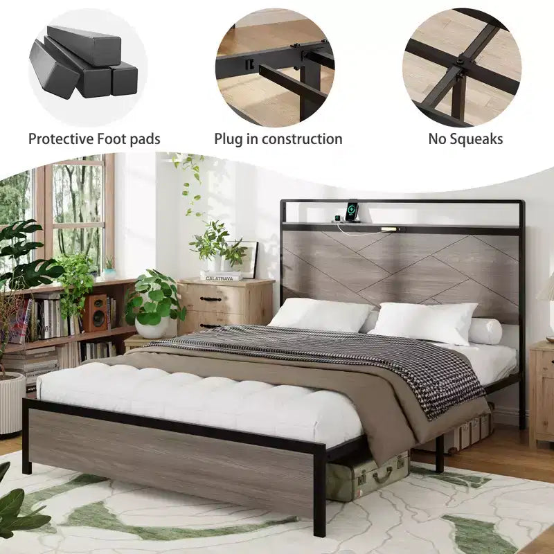 Lit plateforme double/queen/king size avec tête de lit de rangement à LED, cadre de lit plateforme en bois avec 2 ports USB, grand rangement sous le lit, gris antique