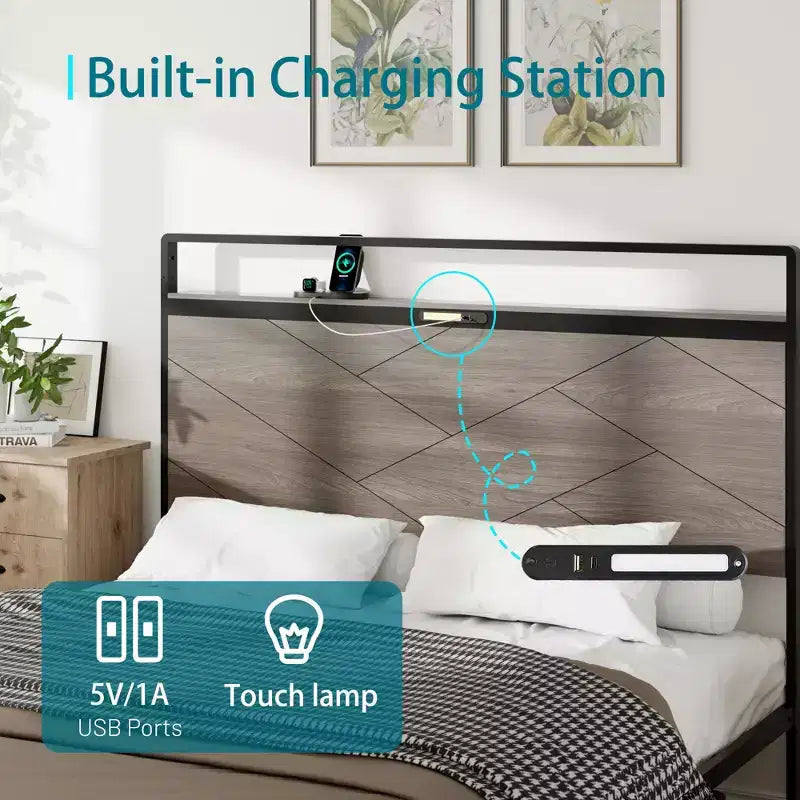 Lit plateforme double/queen/king size avec tête de lit de rangement à LED, cadre de lit plateforme en bois avec 2 ports USB, grand rangement sous le lit, gris antique