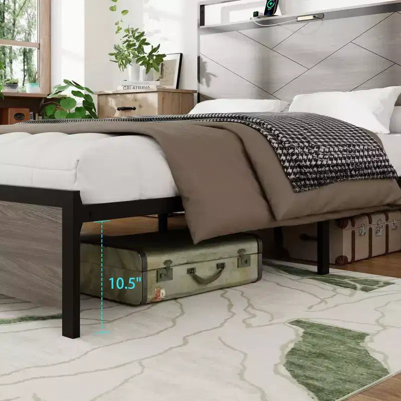 Lit plateforme double/queen/king size avec tête de lit de rangement à LED, cadre de lit plateforme en bois avec 2 ports USB, grand rangement sous le lit, gris antique
