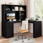 MooxvMoo L Shaped Wooden Desk with LED Lights, Drawers and Bookshelf, Modern Corner Computer Table for Home Office and Gaming, Walnut