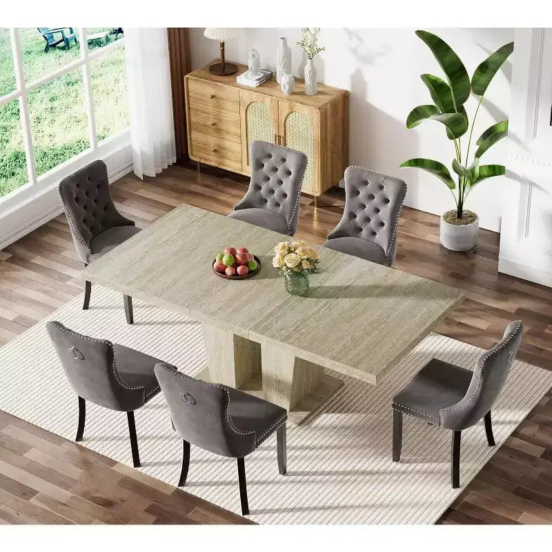 Table à manger rectangulaire extensible MooxvMoo 63-79, motif veiné effet travertin, design minimaliste moderne pour cuisine et salon, blanc
