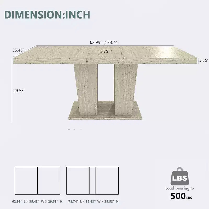 Table à manger rectangulaire extensible MooxvMoo 63-79, motif veiné effet travertin, design minimaliste moderne pour cuisine et salon, blanc