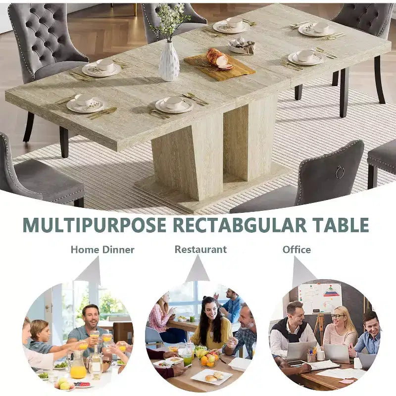 Table à manger rectangulaire extensible MooxvMoo 63-79, motif veiné effet travertin, design minimaliste moderne pour cuisine et salon, blanc