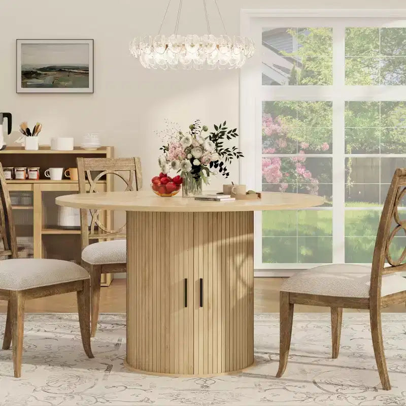 Table à manger ronde de 47 pouces pour 4 personnes, étagère de rangement à 2 niveaux avec porte coulissante en bois, table de cuisine pour salle à manger et salon