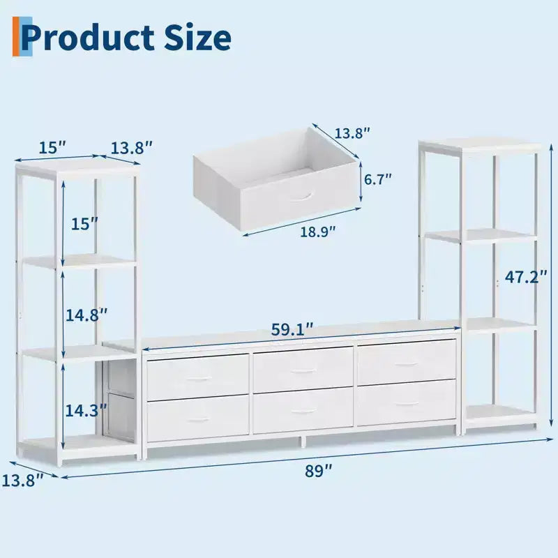 Meuble TV pour téléviseurs jusqu'à 75 pouces, meuble de rangement industriel avec 6 tiroirs en tissu et deux étagères de rangement à 4 niveaux, console multimédia pour salon et chambre à coucher.