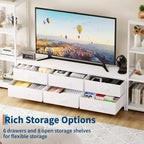 Meuble TV pour téléviseurs jusqu'à 75 pouces, meuble de rangement industriel avec 6 tiroirs en tissu et deux étagères de rangement à 4 niveaux, console multimédia pour salon et chambre à coucher.