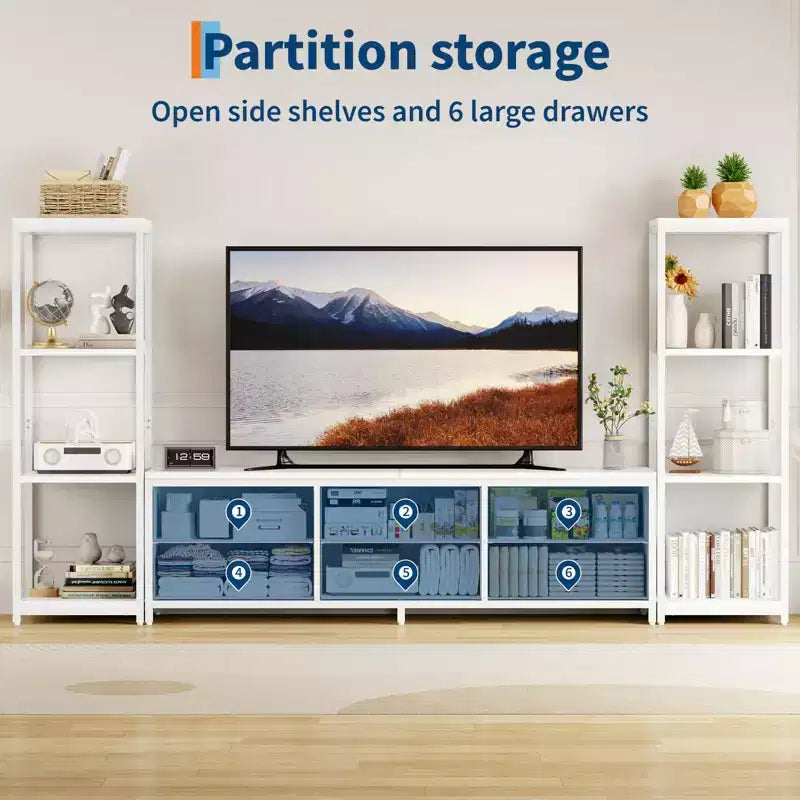 Meuble TV pour téléviseurs jusqu'à 75 pouces, meuble de rangement industriel avec 6 tiroirs en tissu et deux étagères de rangement à 4 niveaux, console multimédia pour salon et chambre à coucher.