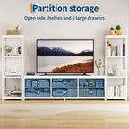 Meuble TV pour téléviseurs jusqu'à 75 pouces, meuble de rangement industriel avec 6 tiroirs en tissu et deux étagères de rangement à 4 niveaux, console multimédia pour salon et chambre à coucher.