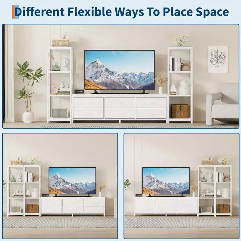 Meuble TV pour téléviseurs jusqu'à 75 pouces, meuble de rangement industriel avec 6 tiroirs en tissu et deux étagères de rangement à 4 niveaux, console multimédia pour salon et chambre à coucher.