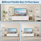 Meuble TV pour téléviseurs jusqu'à 75 pouces, meuble de rangement industriel avec 6 tiroirs en tissu et deux étagères de rangement à 4 niveaux, console multimédia pour salon et chambre à coucher.