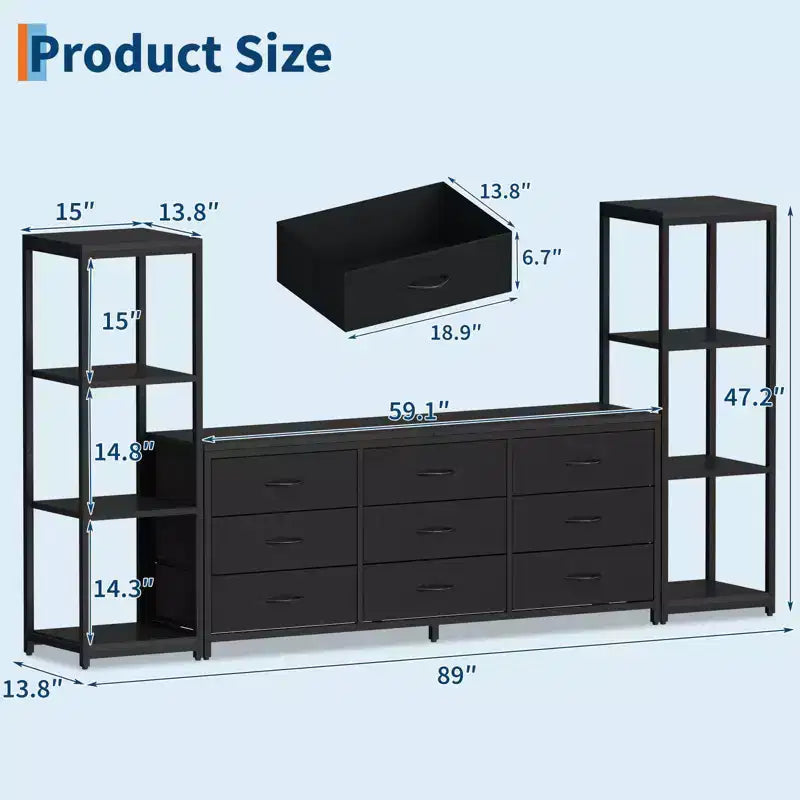 Meuble TV pour téléviseurs jusqu'à 75 pouces, meuble de rangement industriel avec 6 tiroirs en tissu et deux étagères de rangement à 4 niveaux, console multimédia pour salon et chambre à coucher.