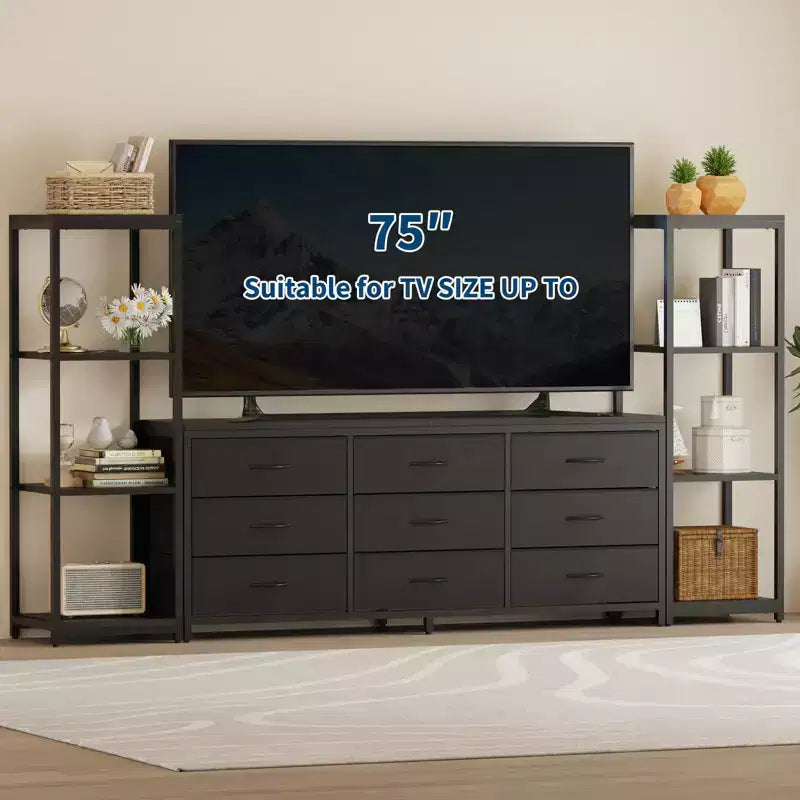 Meuble TV pour téléviseurs jusqu'à 75 pouces, meuble de rangement industriel avec 6 tiroirs en tissu et deux étagères de rangement à 4 niveaux, console multimédia pour salon et chambre à coucher.