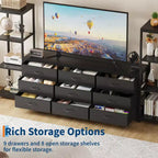 Meuble TV pour téléviseurs jusqu'à 75 pouces, meuble de rangement industriel avec 6 tiroirs en tissu et deux étagères de rangement à 4 niveaux, console multimédia pour salon et chambre à coucher.