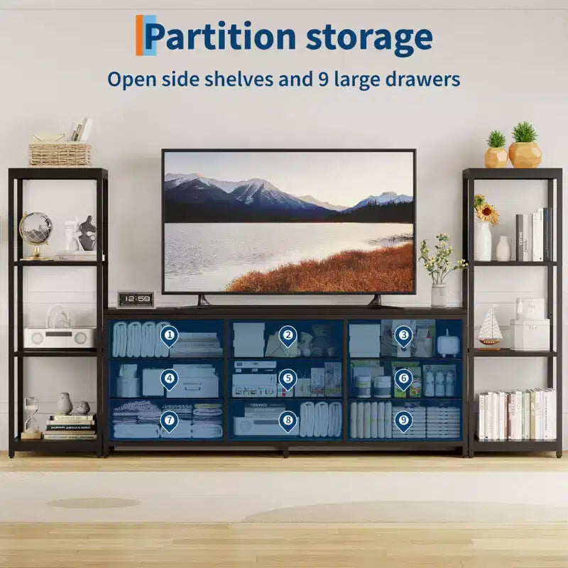 Meuble TV pour téléviseurs jusqu'à 75 pouces, meuble de rangement industriel avec 6 tiroirs en tissu et deux étagères de rangement à 4 niveaux, console multimédia pour salon et chambre à coucher.