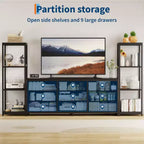 Meuble TV pour téléviseurs jusqu'à 75 pouces, meuble de rangement industriel avec 6 tiroirs en tissu et deux étagères de rangement à 4 niveaux, console multimédia pour salon et chambre à coucher.