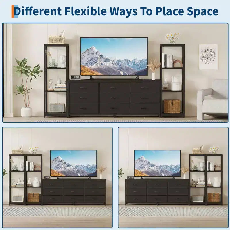 Meuble TV pour téléviseurs jusqu'à 75 pouces, meuble de rangement industriel avec 6 tiroirs en tissu et deux étagères de rangement à 4 niveaux, console multimédia pour salon et chambre à coucher.