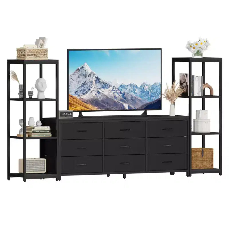 Meuble TV pour téléviseurs jusqu'à 75 pouces, meuble de rangement industriel avec 6 tiroirs en tissu et deux étagères de rangement à 4 niveaux, console multimédia pour salon et chambre à coucher.