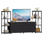 Meuble TV pour téléviseurs jusqu'à 75 pouces, meuble de rangement industriel avec 6 tiroirs en tissu et deux étagères de rangement à 4 niveaux, console multimédia pour salon et chambre à coucher.