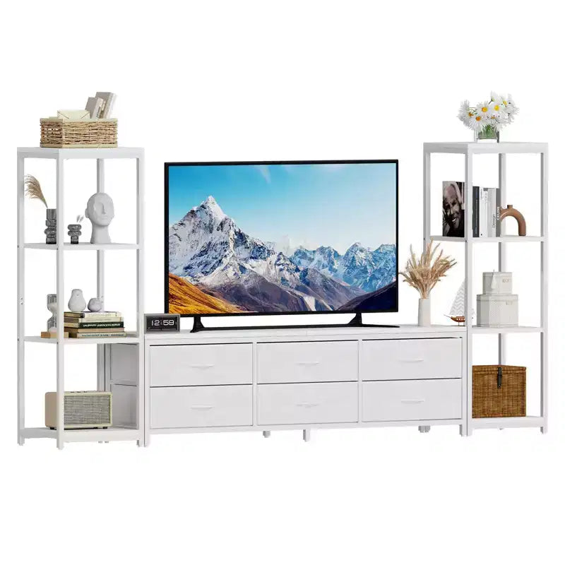 Meuble TV pour téléviseurs jusqu'à 75 pouces, meuble de rangement industriel avec 6 tiroirs en tissu et deux étagères de rangement à 4 niveaux, console multimédia pour salon et chambre à coucher.
