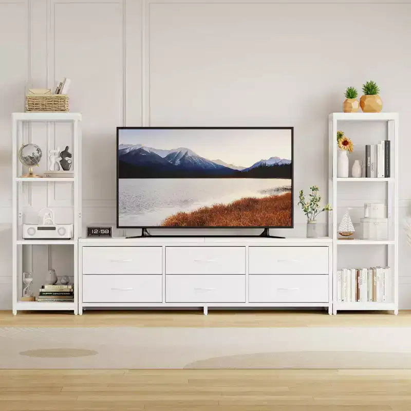 Meuble TV pour téléviseurs jusqu'à 75 pouces, meuble de rangement industriel avec 6 tiroirs en tissu et deux étagères de rangement à 4 niveaux, console multimédia pour salon et chambre à coucher.