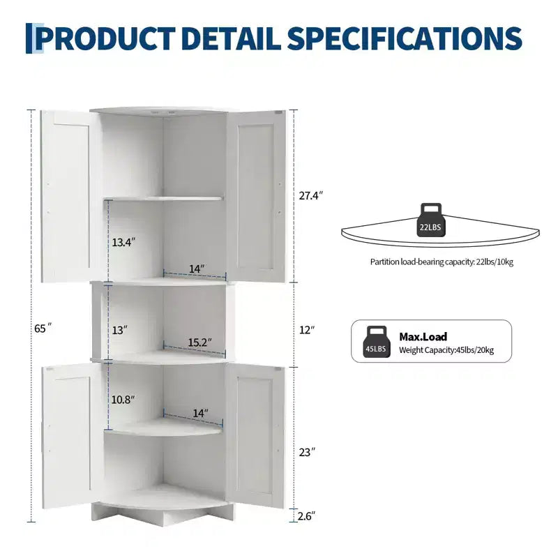 64,8 " Armoire de coin de ferme haute avec portes, placard de rangement pour garde-manger avec étagères réglables pour la cuisine, le salon et la salle de bain