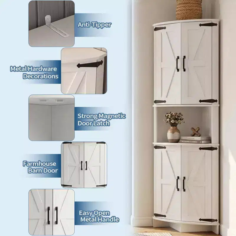 64,8 " Armoire de coin de ferme haute avec portes, placard de rangement pour garde-manger avec étagères réglables pour la cuisine, le salon et la salle de bain