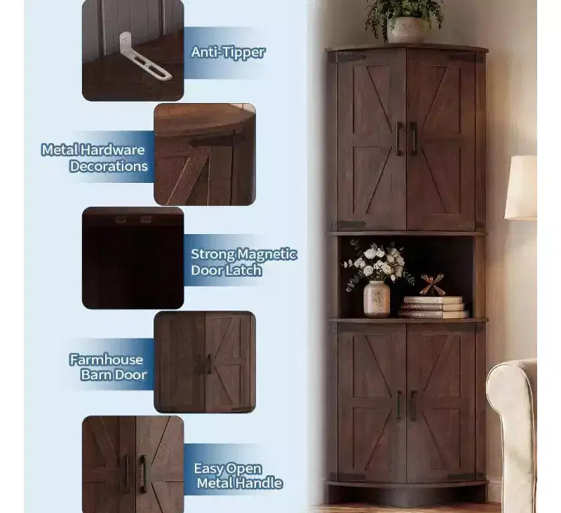 64,8 " Armoire de coin de ferme haute avec portes, placard de rangement pour garde-manger avec étagères réglables pour la cuisine, le salon et la salle de bain