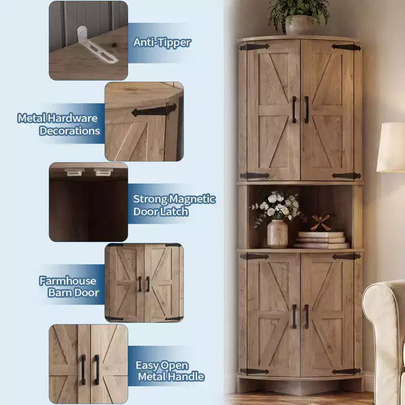 64,8 " Armoire de coin de ferme haute avec portes, placard de rangement pour garde-manger avec étagères réglables pour la cuisine, le salon et la salle de bain