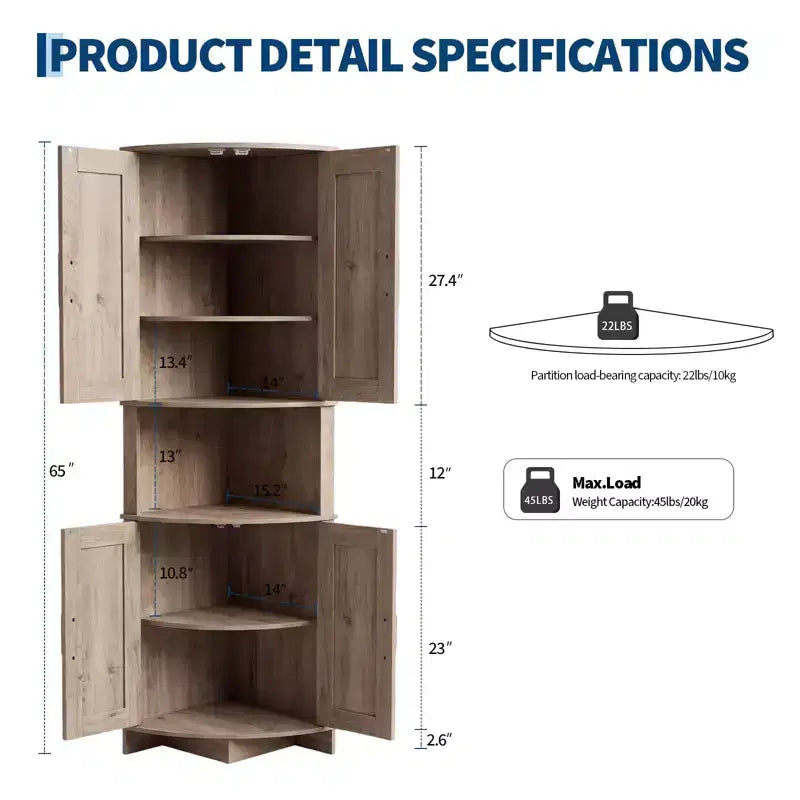 64,8 " Armoire de coin de ferme haute avec portes, placard de rangement pour garde-manger avec étagères réglables pour la cuisine, le salon et la salle de bain