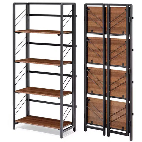 4/5-Tier Folding Shelf - No-Assembly Space-Saving Industrial Bookshelf for Home Office