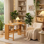 FurnitureR Natural Bamboo Folding Desk with Storage Shelf, Space-Saving Drop-Leaf Writing Table for Small Spaces, Home Office or Study Room