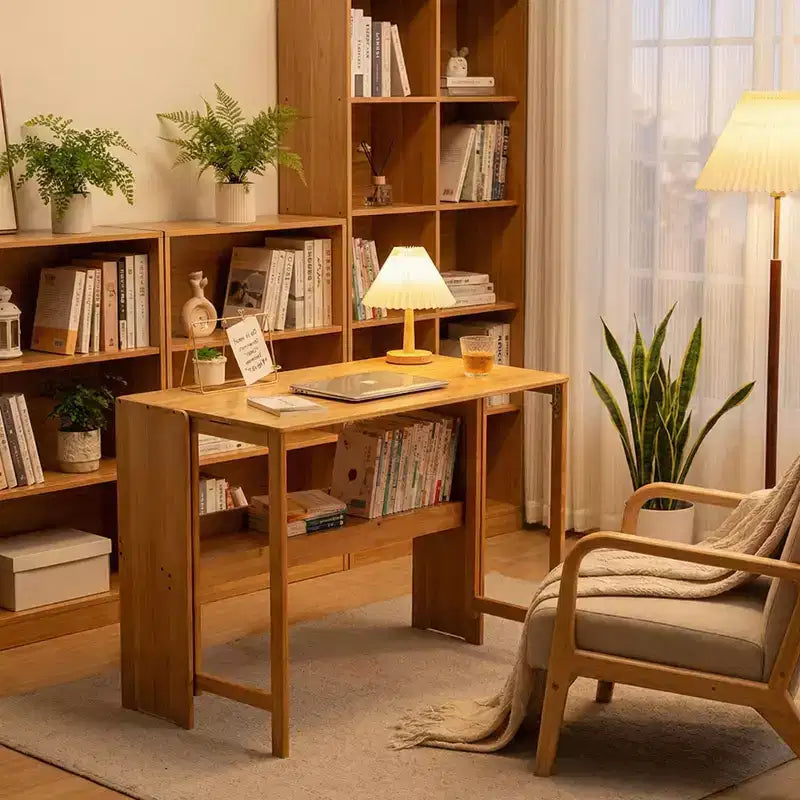 Bureau pliant FurnitureR en bambou naturel avec étagère de rangement, table d'écriture rabattable peu encombrante pour petits espaces, bureau ou salle d'étude