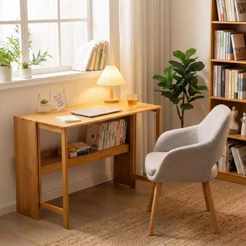 Bureau pliant FurnitureR en bambou naturel avec étagère de rangement, table d'écriture rabattable peu encombrante pour petits espaces, bureau ou salle d'étude
