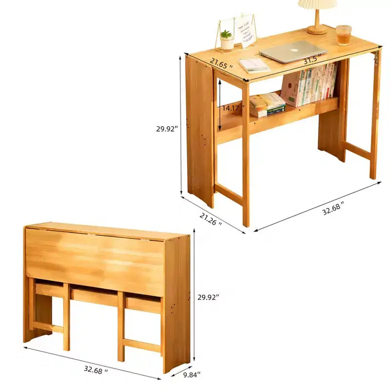 Bureau pliant FurnitureR en bambou naturel avec étagère de rangement, table d'écriture rabattable peu encombrante pour petits espaces, bureau ou salle d'étude
