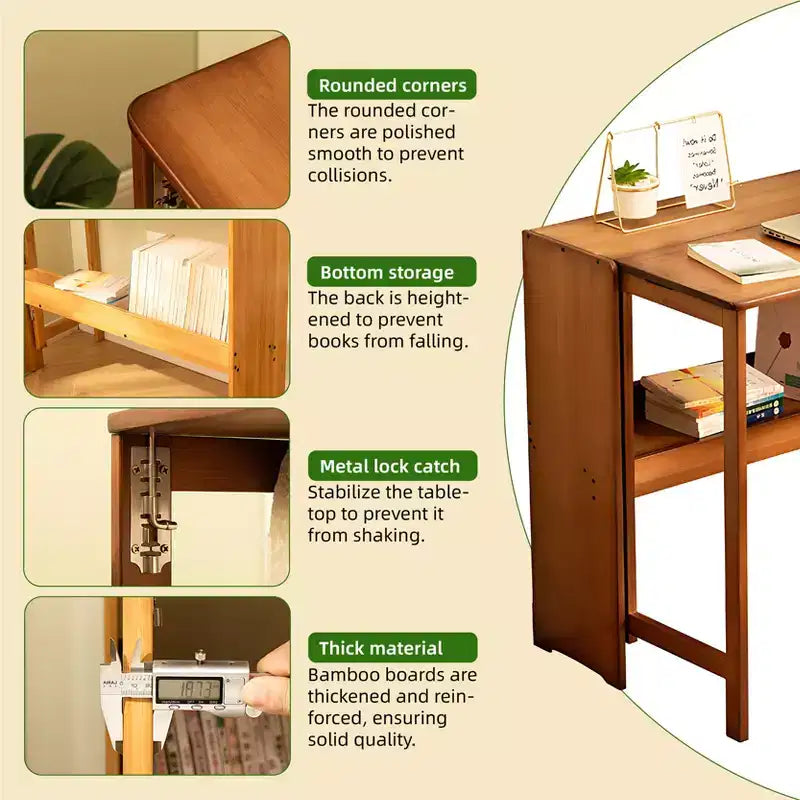 Bureau pliant FurnitureR en bambou naturel avec étagère de rangement, table d'écriture rabattable peu encombrante pour petits espaces, bureau ou salle d'étude
