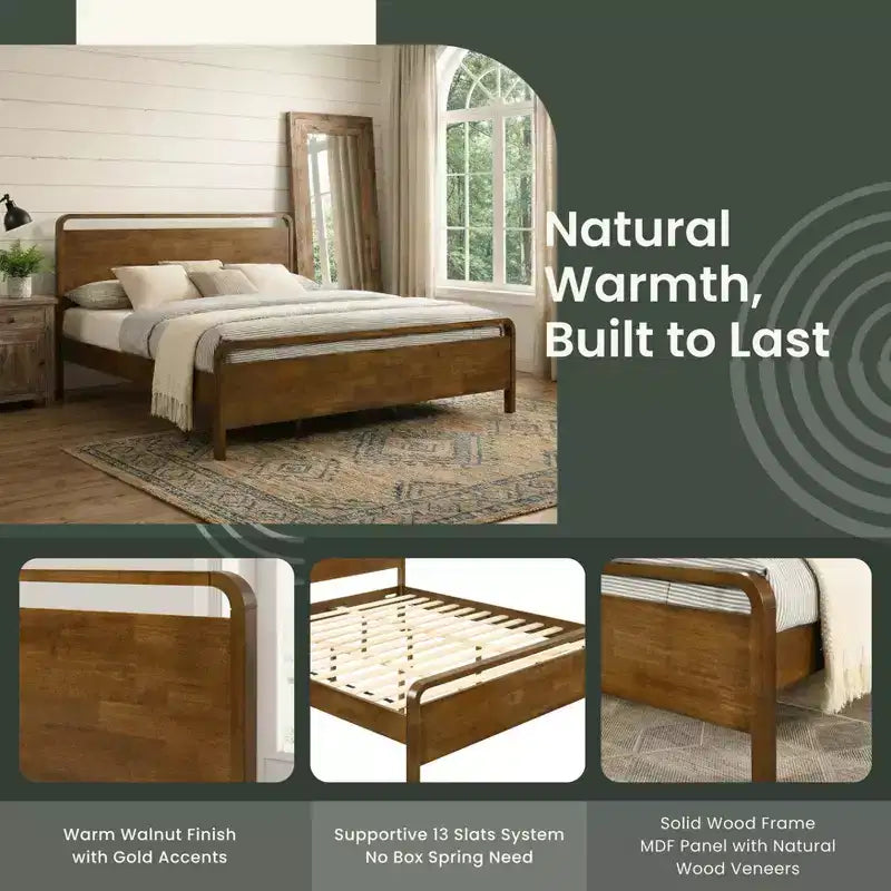 Ensemble de chambre à coucher Roundhill Furniture Eldren en bois, lit plateforme avec commode, miroir et table de chevet au fini noyer