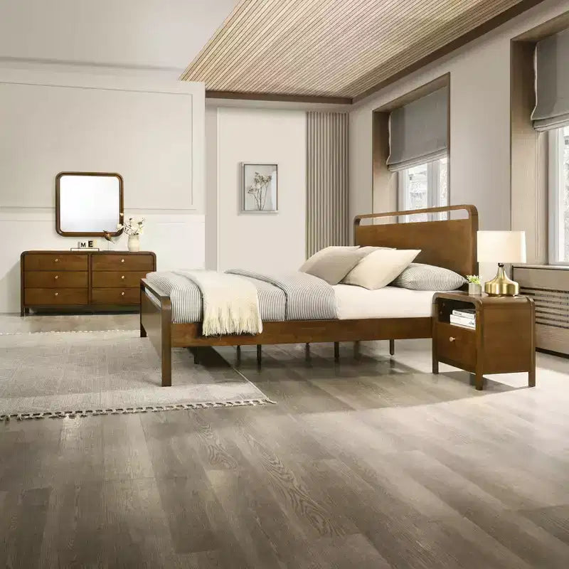 Ensemble de chambre à coucher Roundhill Furniture Eldren en bois, lit plateforme avec commode, miroir et table de chevet au fini noyer